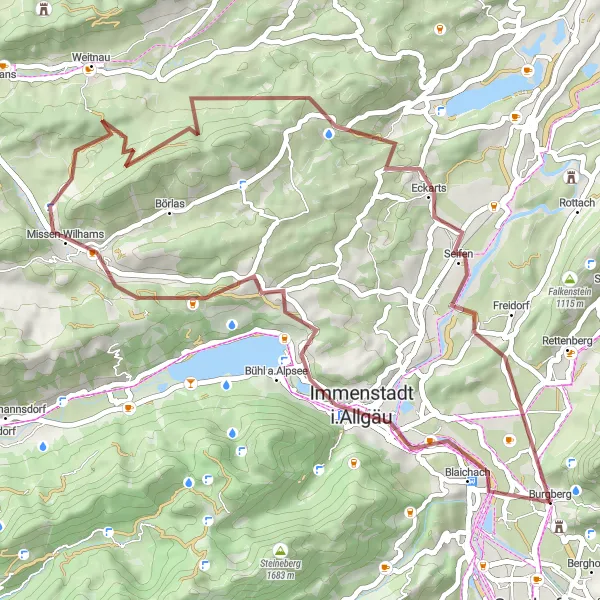 Map miniature of "Burgberg to Immenstadt i.Allgäu Gravel Loop" cycling inspiration in Schwaben, Germany. Generated by Tarmacs.app cycling route planner
