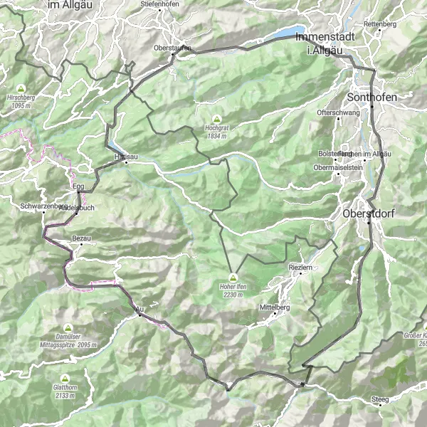 Map miniature of "Alpine Adventure" cycling inspiration in Schwaben, Germany. Generated by Tarmacs.app cycling route planner