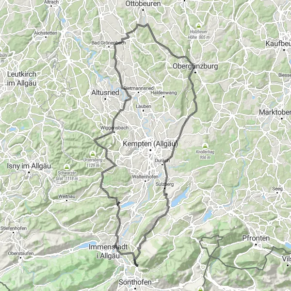Map miniature of "Burgberg to Rauhenzell Scenic Route" cycling inspiration in Schwaben, Germany. Generated by Tarmacs.app cycling route planner