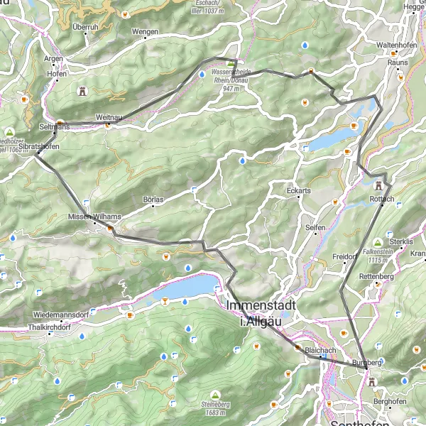 Map miniature of "The Allgäu Tour" cycling inspiration in Schwaben, Germany. Generated by Tarmacs.app cycling route planner