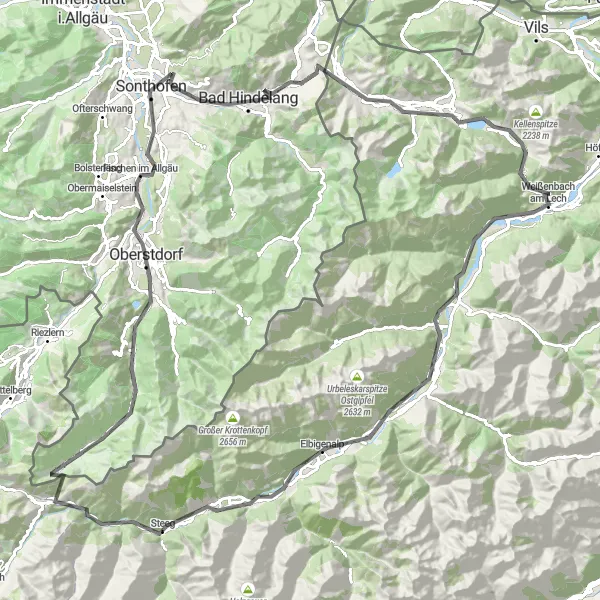 Map miniature of "Burgberg to Bad Hindelang Loop" cycling inspiration in Schwaben, Germany. Generated by Tarmacs.app cycling route planner