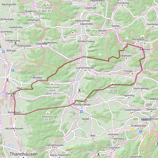 Karten-Miniaturansicht der Radinspiration "Rundtour um Burtenbach - Ried und Steinberg entdecken" in Schwaben, Germany. Erstellt vom Tarmacs.app-Routenplaner für Radtouren