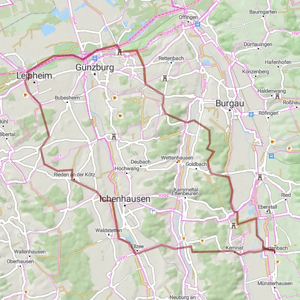 Karten-Miniaturansicht der Radinspiration "Gravel-Tour nach Günzburg und Leipheim" in Schwaben, Germany. Erstellt vom Tarmacs.app-Routenplaner für Radtouren