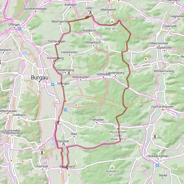 Karten-Miniaturansicht der Radinspiration "Gravelrunde um Burtenbach" in Schwaben, Germany. Erstellt vom Tarmacs.app-Routenplaner für Radtouren