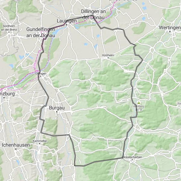 Karten-Miniaturansicht der Radinspiration "Road-Tour durch Lauingen und Dillingen" in Schwaben, Germany. Erstellt vom Tarmacs.app-Routenplaner für Radtouren