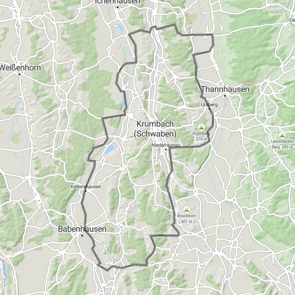 Karten-Miniaturansicht der Radinspiration "Malerei in Ellzee und Kreuzweg - Radtour" in Schwaben, Germany. Erstellt vom Tarmacs.app-Routenplaner für Radtouren