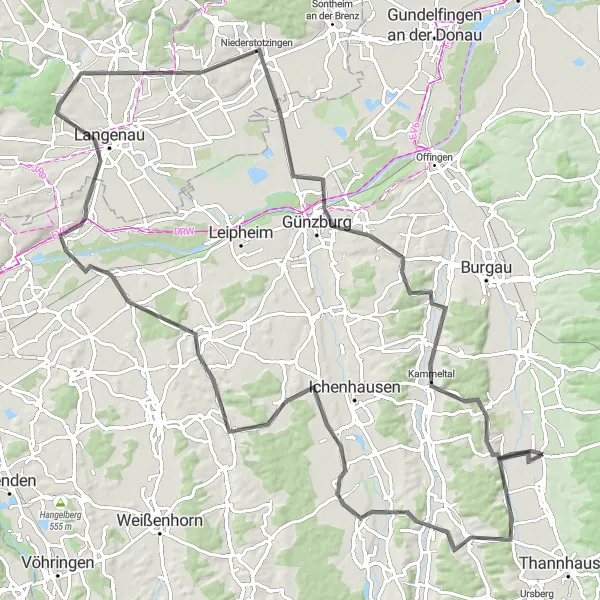 Karten-Miniaturansicht der Radinspiration "Burtenbach - Günzburg Rundfahrt" in Schwaben, Germany. Erstellt vom Tarmacs.app-Routenplaner für Radtouren