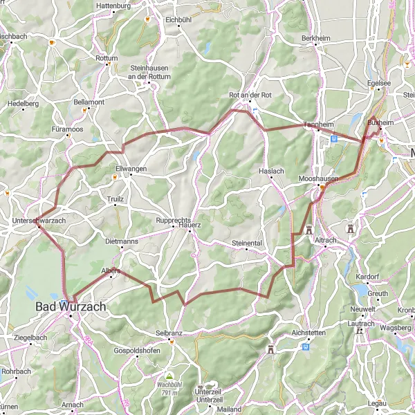 Map miniature of "Wanderlust in Bad Wurzach" cycling inspiration in Schwaben, Germany. Generated by Tarmacs.app cycling route planner