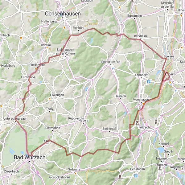 Map miniature of "Lake and Castle Gravel Loop" cycling inspiration in Schwaben, Germany. Generated by Tarmacs.app cycling route planner