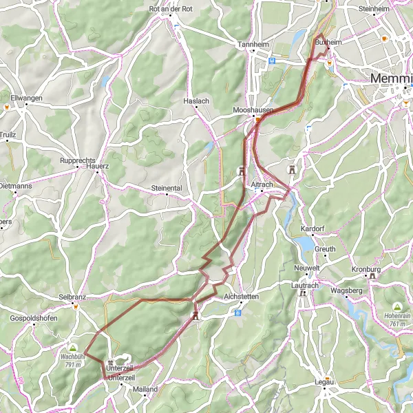 Map miniature of "Valleys and Hills Gravel Loop" cycling inspiration in Schwaben, Germany. Generated by Tarmacs.app cycling route planner