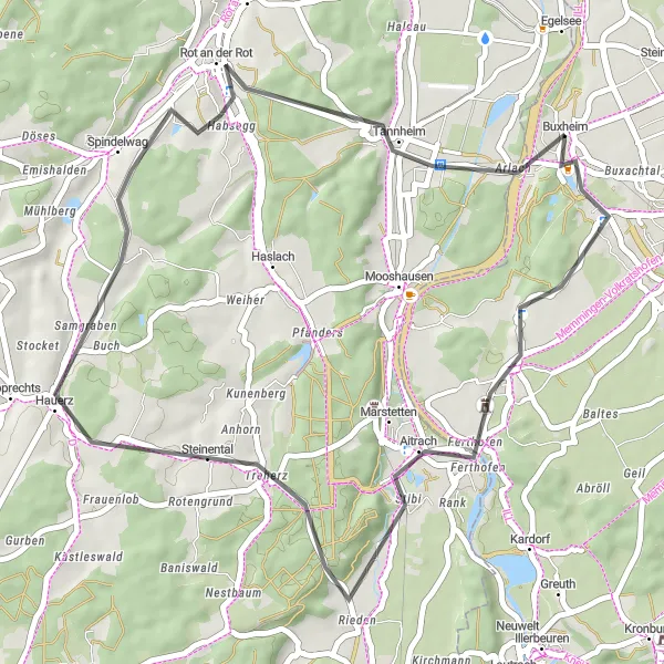 Map miniature of "Hidden Treasures of Aitrach" cycling inspiration in Schwaben, Germany. Generated by Tarmacs.app cycling route planner