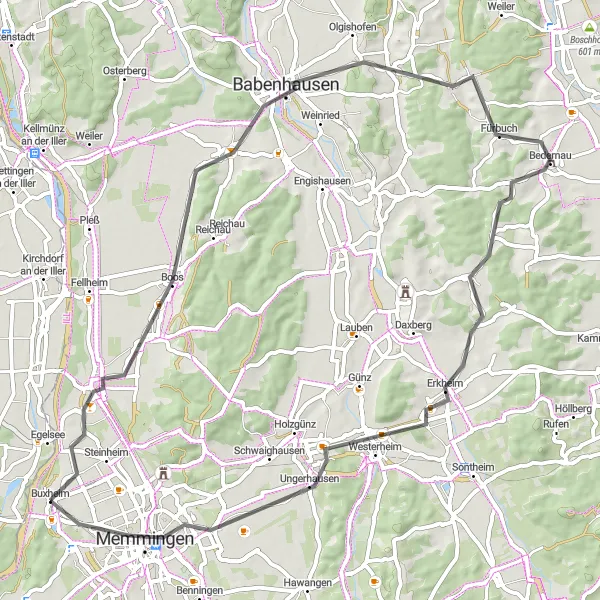 Map miniature of "Dorfs Road Loop" cycling inspiration in Schwaben, Germany. Generated by Tarmacs.app cycling route planner