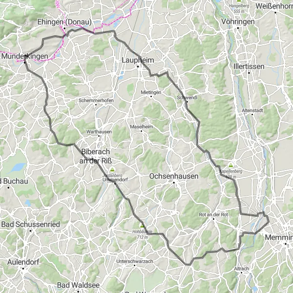 Map miniature of "Hills and Valleys Road Tour" cycling inspiration in Schwaben, Germany. Generated by Tarmacs.app cycling route planner