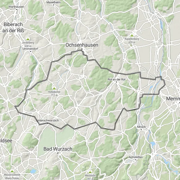 Map miniature of "Gentle Hills Road Loop" cycling inspiration in Schwaben, Germany. Generated by Tarmacs.app cycling route planner