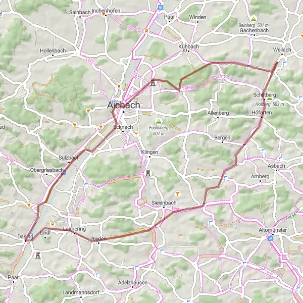 Karten-Miniaturansicht der Radinspiration "Die Naturrunde von Dasing" in Schwaben, Germany. Erstellt vom Tarmacs.app-Routenplaner für Radtouren