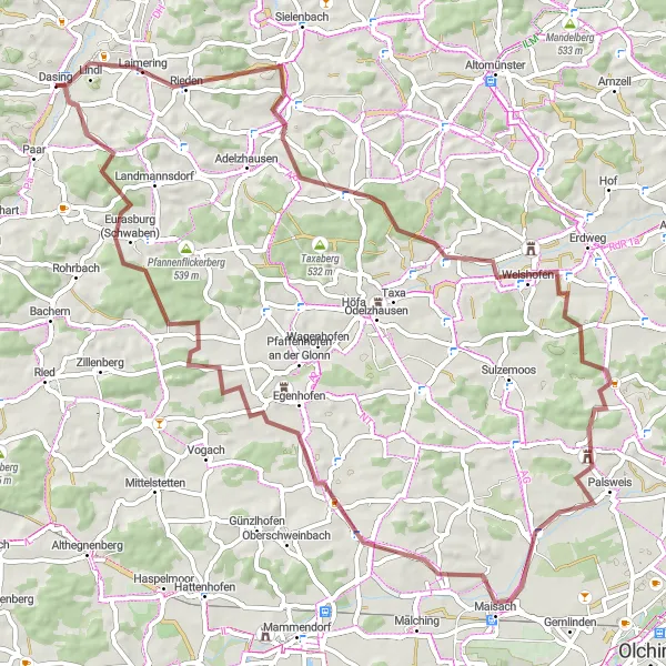 Karten-Miniaturansicht der Radinspiration "Die Schottertour von Dasing" in Schwaben, Germany. Erstellt vom Tarmacs.app-Routenplaner für Radtouren