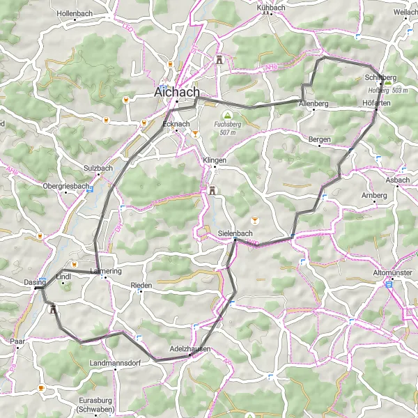 Karten-Miniaturansicht der Radinspiration "Radtour durch Aichach und Ulrichsberg" in Schwaben, Germany. Erstellt vom Tarmacs.app-Routenplaner für Radtouren