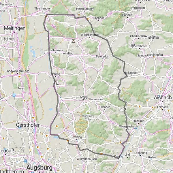 Karten-Miniaturansicht der Radinspiration "Radtour durch Rehling und Obergriesbach" in Schwaben, Germany. Erstellt vom Tarmacs.app-Routenplaner für Radtouren