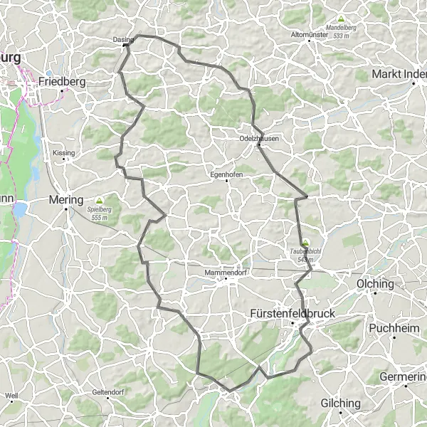 Karten-Miniaturansicht der Radinspiration "Große Rundfahrt durch Maisach und Mittelstetten" in Schwaben, Germany. Erstellt vom Tarmacs.app-Routenplaner für Radtouren