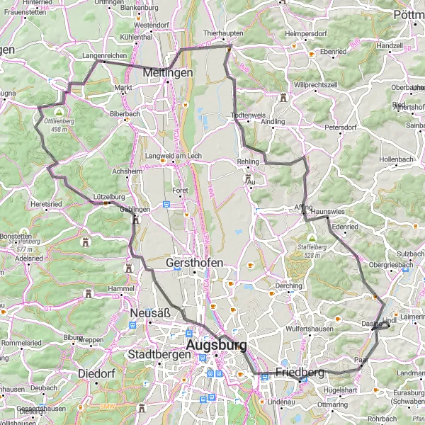 Karten-Miniaturansicht der Radinspiration "Die Panoramaroute von Dasing" in Schwaben, Germany. Erstellt vom Tarmacs.app-Routenplaner für Radtouren