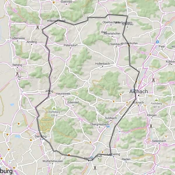 Karten-Miniaturansicht der Radinspiration "Die Hügelroute von Dasing" in Schwaben, Germany. Erstellt vom Tarmacs.app-Routenplaner für Radtouren