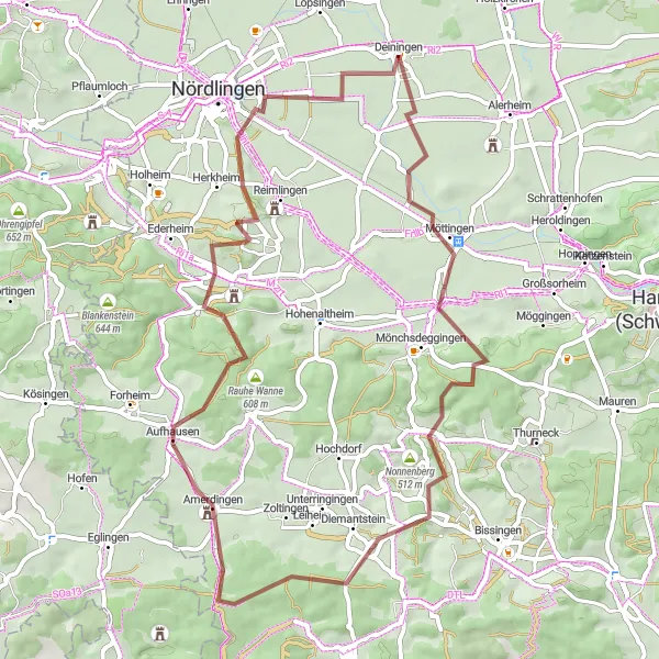 Map miniature of "The Ultimate Gravel Adventure in Schwaben" cycling inspiration in Schwaben, Germany. Generated by Tarmacs.app cycling route planner