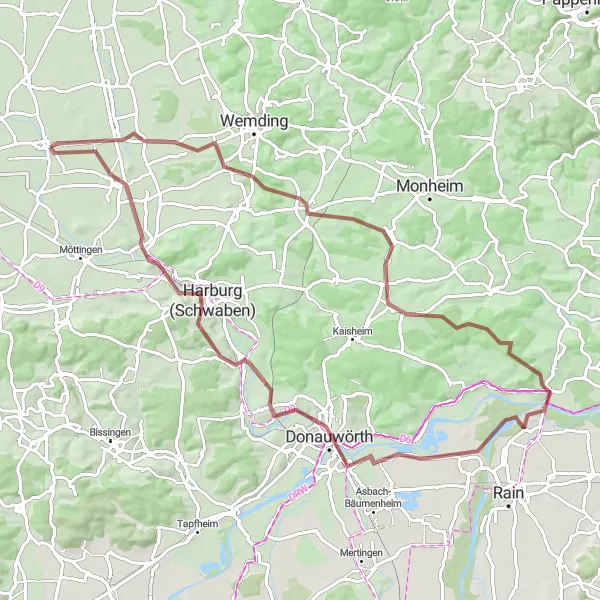 Map miniature of "Explore the Hidden Gems of Schwaben on Gravel" cycling inspiration in Schwaben, Germany. Generated by Tarmacs.app cycling route planner