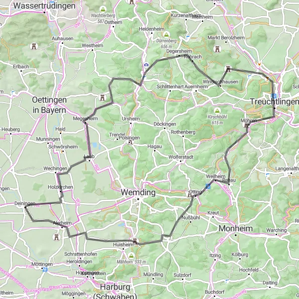 Map miniature of "Scenic Schwaben Loop" cycling inspiration in Schwaben, Germany. Generated by Tarmacs.app cycling route planner