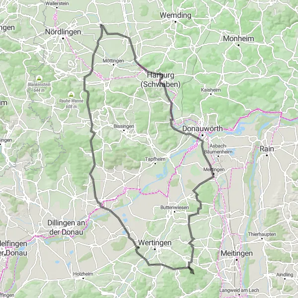 Map miniature of "Harburg Discovery" cycling inspiration in Schwaben, Germany. Generated by Tarmacs.app cycling route planner