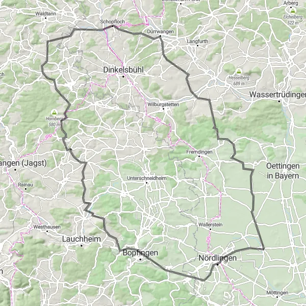 Map miniature of "Nördlingen Adventure" cycling inspiration in Schwaben, Germany. Generated by Tarmacs.app cycling route planner
