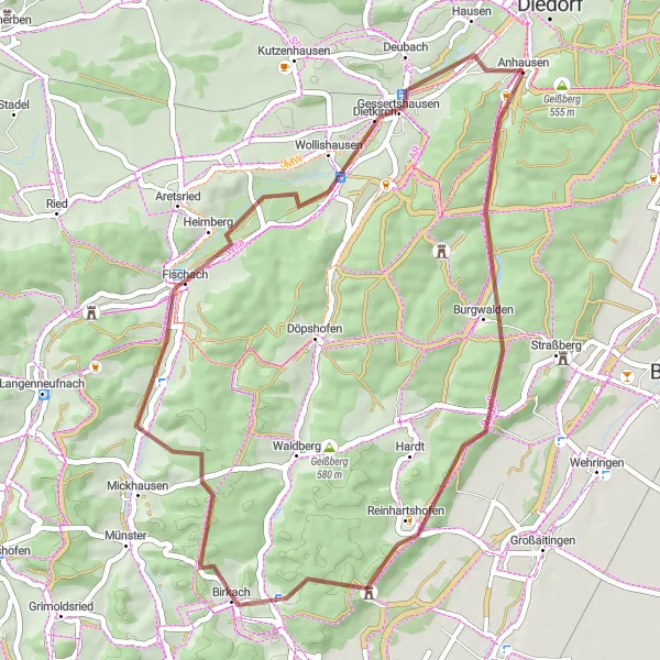 Map miniature of "Diedorf Gravel Adventure" cycling inspiration in Schwaben, Germany. Generated by Tarmacs.app cycling route planner