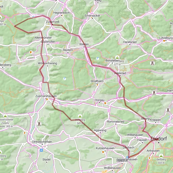 Map miniature of "Diedorf Gravel Challenge" cycling inspiration in Schwaben, Germany. Generated by Tarmacs.app cycling route planner