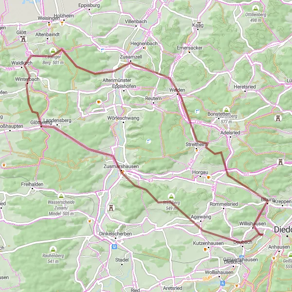 Map miniature of "The Majestic Zusam Valley" cycling inspiration in Schwaben, Germany. Generated by Tarmacs.app cycling route planner