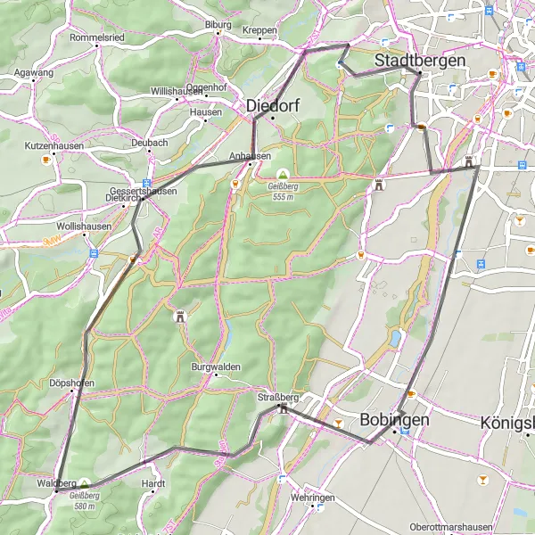 Map miniature of "Diedorf Sandberg Loop" cycling inspiration in Schwaben, Germany. Generated by Tarmacs.app cycling route planner