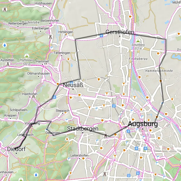 Karten-Miniaturansicht der Radinspiration "Radroute von Diedorf nach Augsburg" in Schwaben, Germany. Erstellt vom Tarmacs.app-Routenplaner für Radtouren