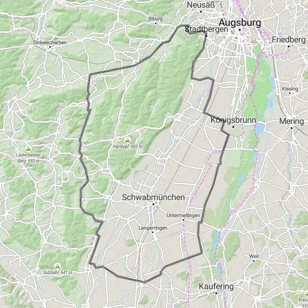 Map miniature of "Diedorf Sandberg Long Ride" cycling inspiration in Schwaben, Germany. Generated by Tarmacs.app cycling route planner