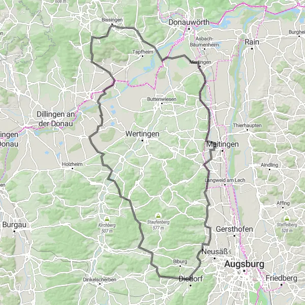 Karten-Miniaturansicht der Radinspiration "Road-Tour durch verschiedene Landschaften" in Schwaben, Germany. Erstellt vom Tarmacs.app-Routenplaner für Radtouren