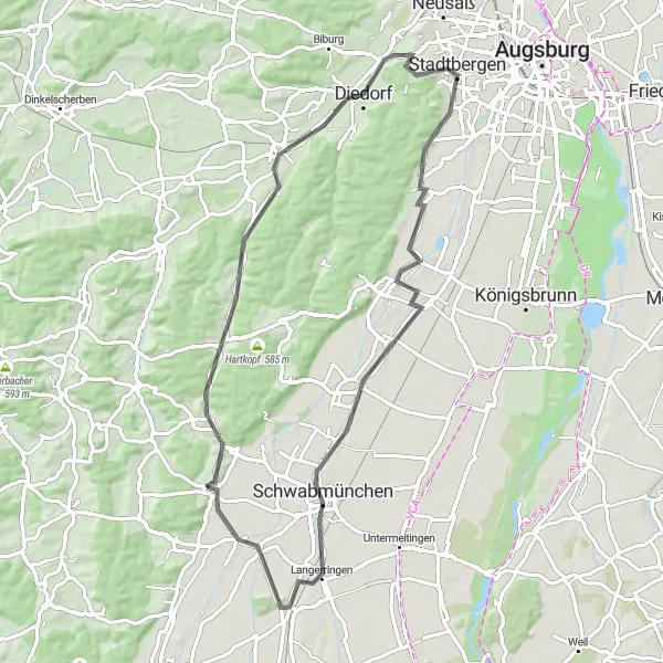 Map miniature of "The Augsburg Hills Tour" cycling inspiration in Schwaben, Germany. Generated by Tarmacs.app cycling route planner