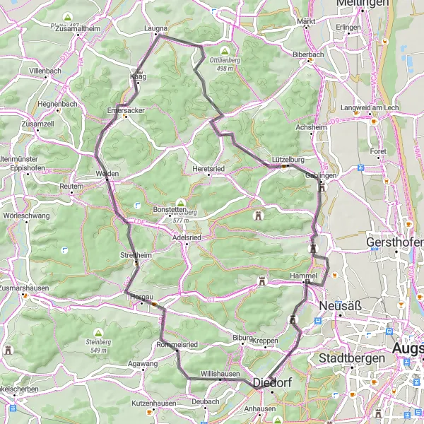 Karten-Miniaturansicht der Radinspiration "Erkundungstour von Diedorf nach Gablingen" in Schwaben, Germany. Erstellt vom Tarmacs.app-Routenplaner für Radtouren