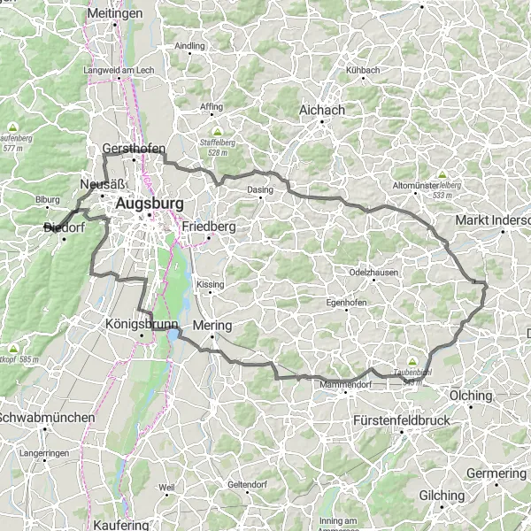 Karten-Miniaturansicht der Radinspiration "Rundfahrt von Diedorf nach Merching" in Schwaben, Germany. Erstellt vom Tarmacs.app-Routenplaner für Radtouren