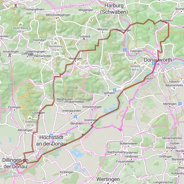 Map miniature of "The Gravel Adventure: Lutzingen to Dillingen" cycling inspiration in Schwaben, Germany. Generated by Tarmacs.app cycling route planner