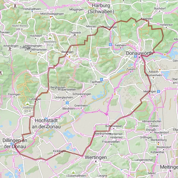Map miniature of "An Adventurous Gravel Ride: Lutzingen to Dillingen Extended" cycling inspiration in Schwaben, Germany. Generated by Tarmacs.app cycling route planner