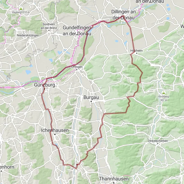 Map miniature of "Dillingen Gravel Adventure" cycling inspiration in Schwaben, Germany. Generated by Tarmacs.app cycling route planner