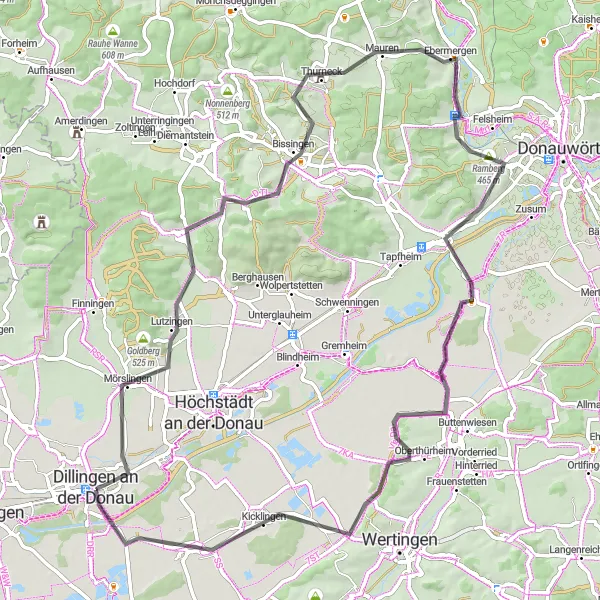 Map miniature of "Donau Classic" cycling inspiration in Schwaben, Germany. Generated by Tarmacs.app cycling route planner