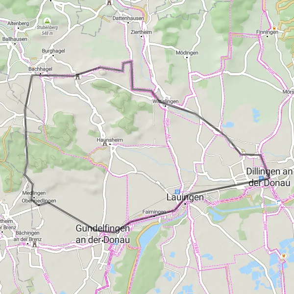 Map miniature of "Donaustadt Express" cycling inspiration in Schwaben, Germany. Generated by Tarmacs.app cycling route planner