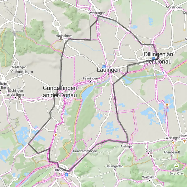 Map miniature of "Road Cycling Delight: Dillingen Loop" cycling inspiration in Schwaben, Germany. Generated by Tarmacs.app cycling route planner