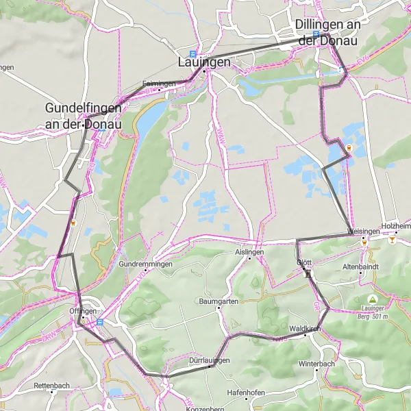 Map miniature of "Enchanting Glött Valley" cycling inspiration in Schwaben, Germany. Generated by Tarmacs.app cycling route planner