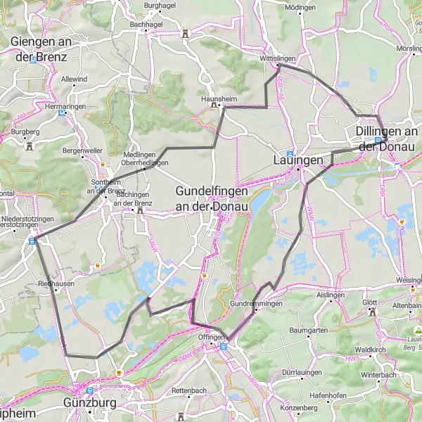 Map miniature of "Scenic Road Cycling: Dillingen Loop Extended" cycling inspiration in Schwaben, Germany. Generated by Tarmacs.app cycling route planner