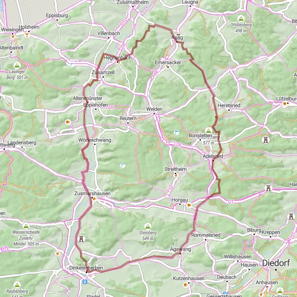 Map miniature of "Medieval Gravel Ride" cycling inspiration in Schwaben, Germany. Generated by Tarmacs.app cycling route planner