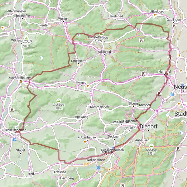 Map miniature of "Zusameck Gravel Loop" cycling inspiration in Schwaben, Germany. Generated by Tarmacs.app cycling route planner